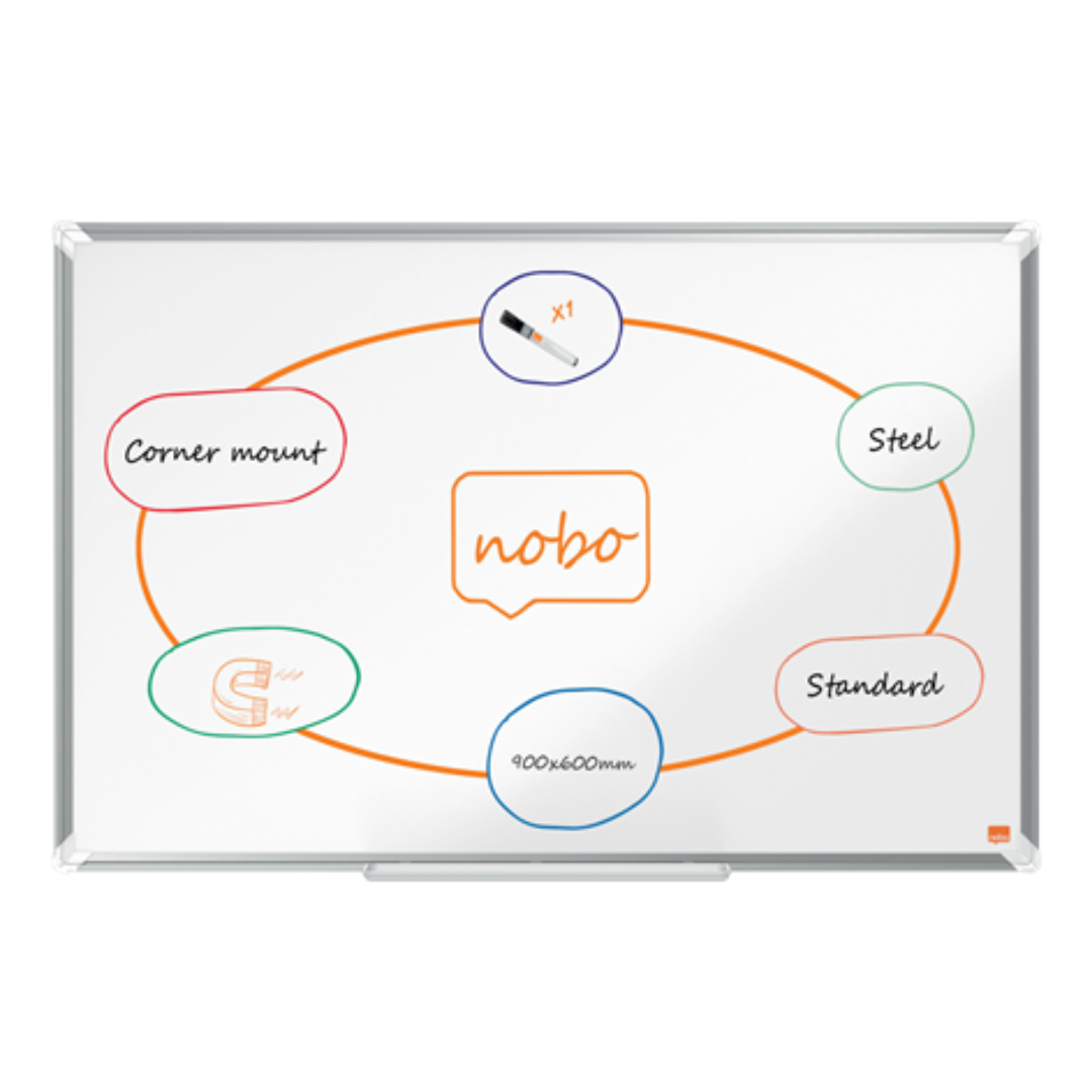 Tabla NOBO Premium Plus, otel lacuit, 90x60 cm, magnetica, include marker si tavita, alb