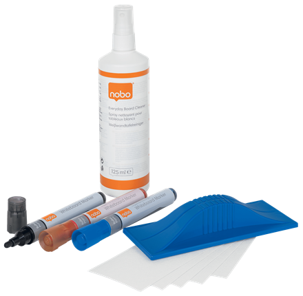 Kit pentru tabla NOBO, 3 markere diverse culori, burete magnetic + rezerva, spray curatare 125 ml