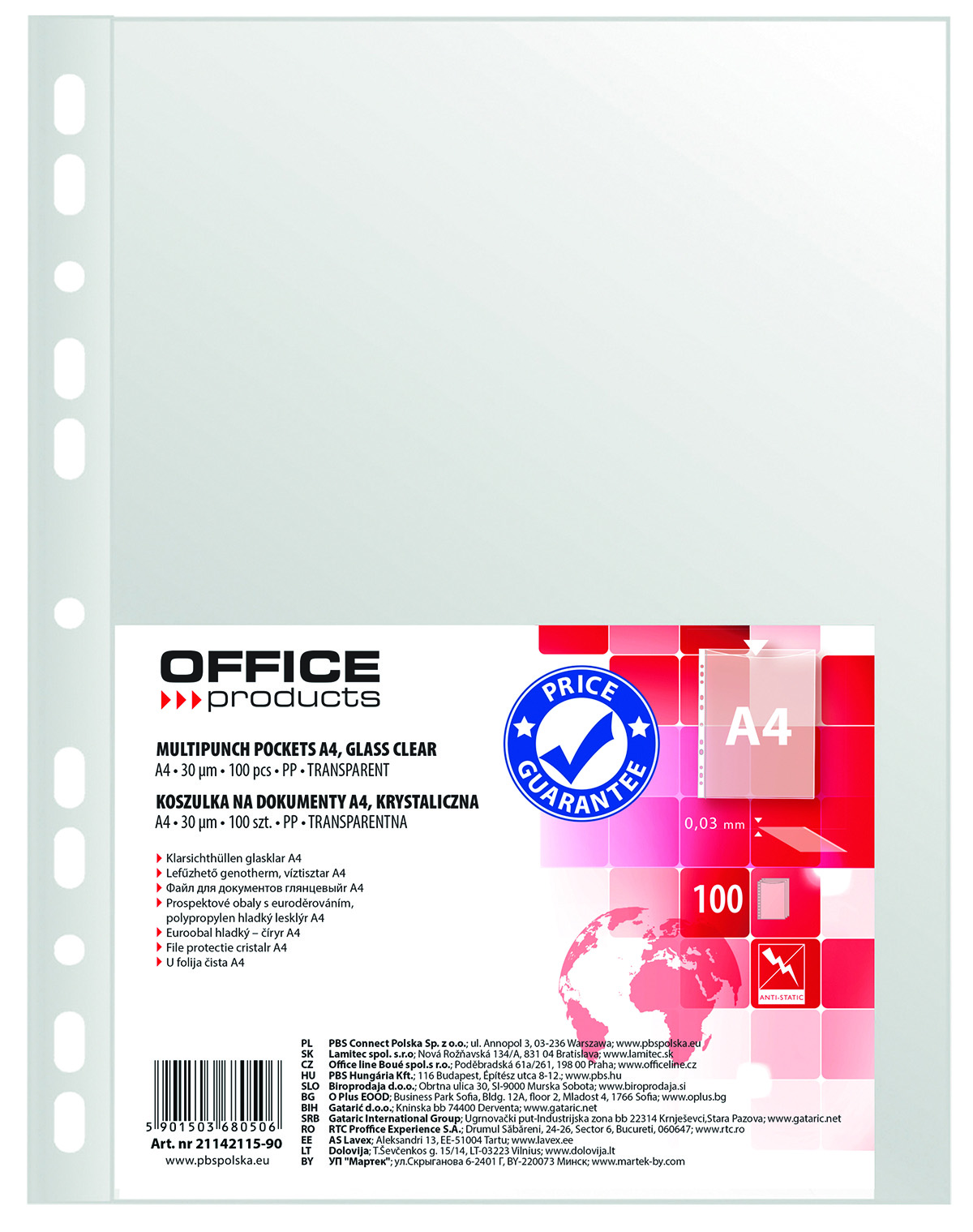 Folie protectie pentru documente A4, 30 microni, 100 folii/set, Office Products - cristal