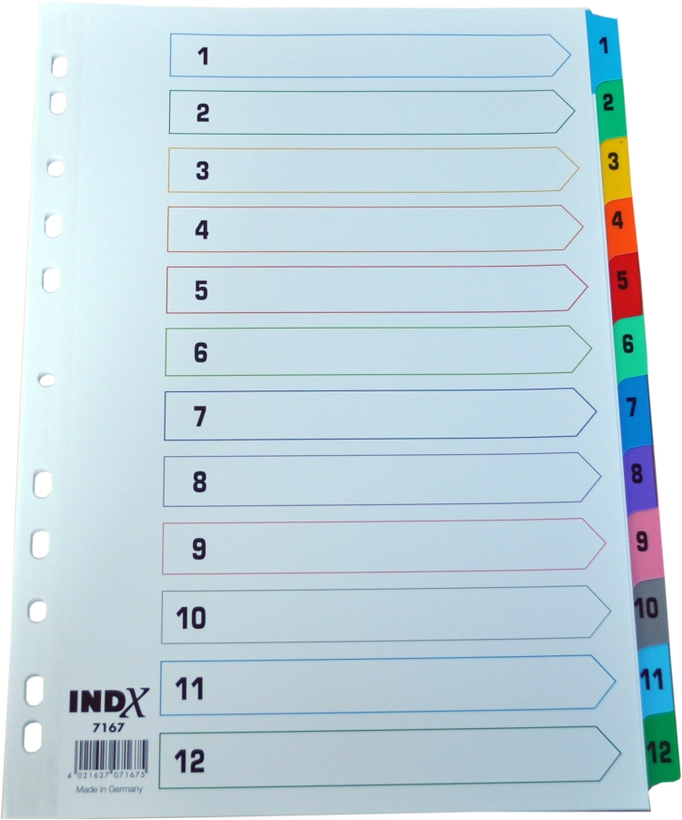 Index carton alb Mylar numeric 1-12, margine PP color, A4, 190g/mp, Optima