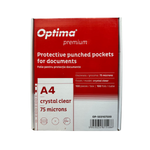 Folie protectie pentru documente A4, 75 microni, 100 folii/cutie, Optima Premium - cristal