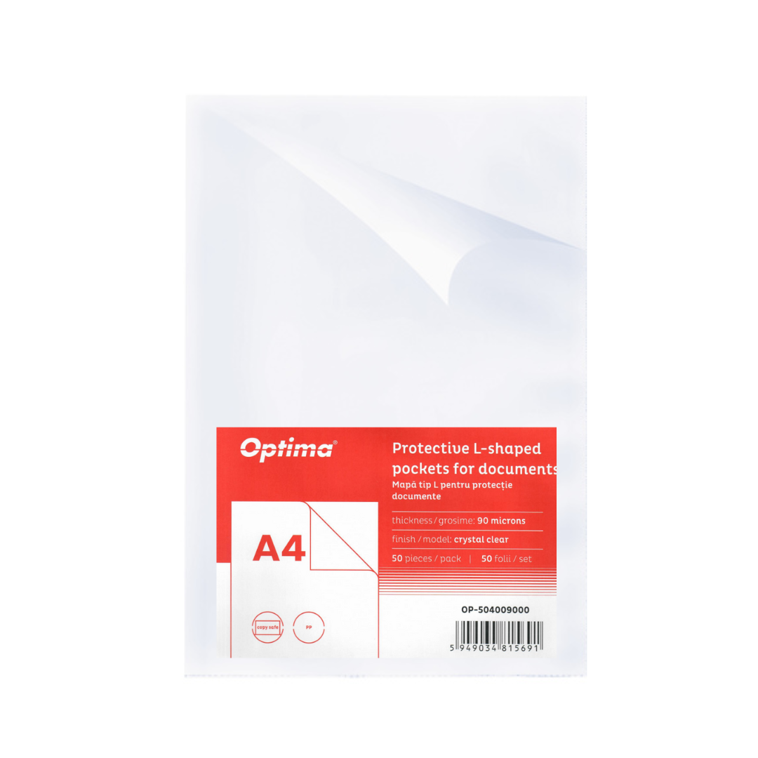 Mapa protectie "L" pentru documente A4, PP - 90 microni, 50 buc/set, Optima - cristal