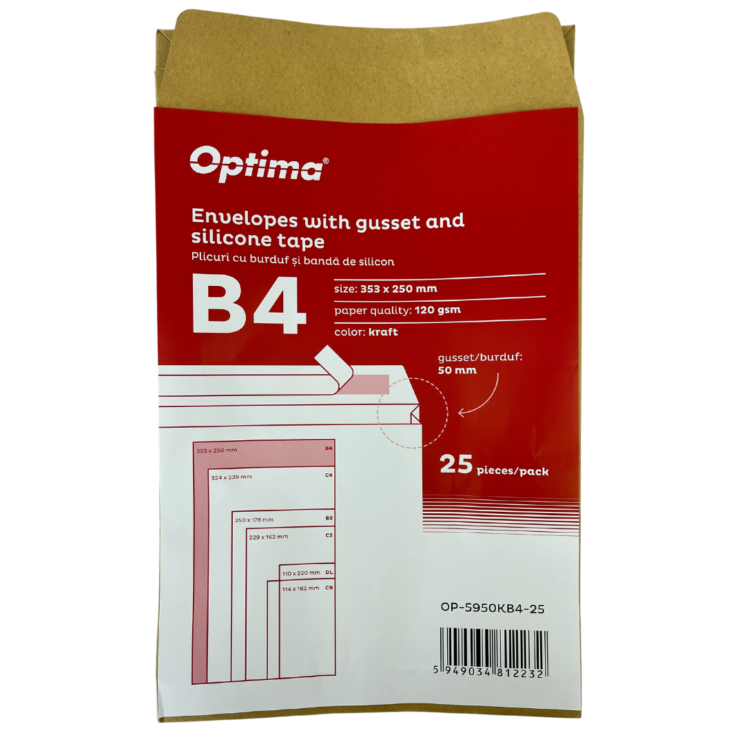 Plic B4 (353x250mm), cu burduf 50mm, lipire siliconica, 25 buc/set, Optima - eco kraft