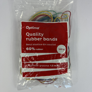 Elastice pentru bani, 60% cauciuc, 100gr./punga, D 65, grosime 1.5mm x 1.5mm, Optima - culori asorta