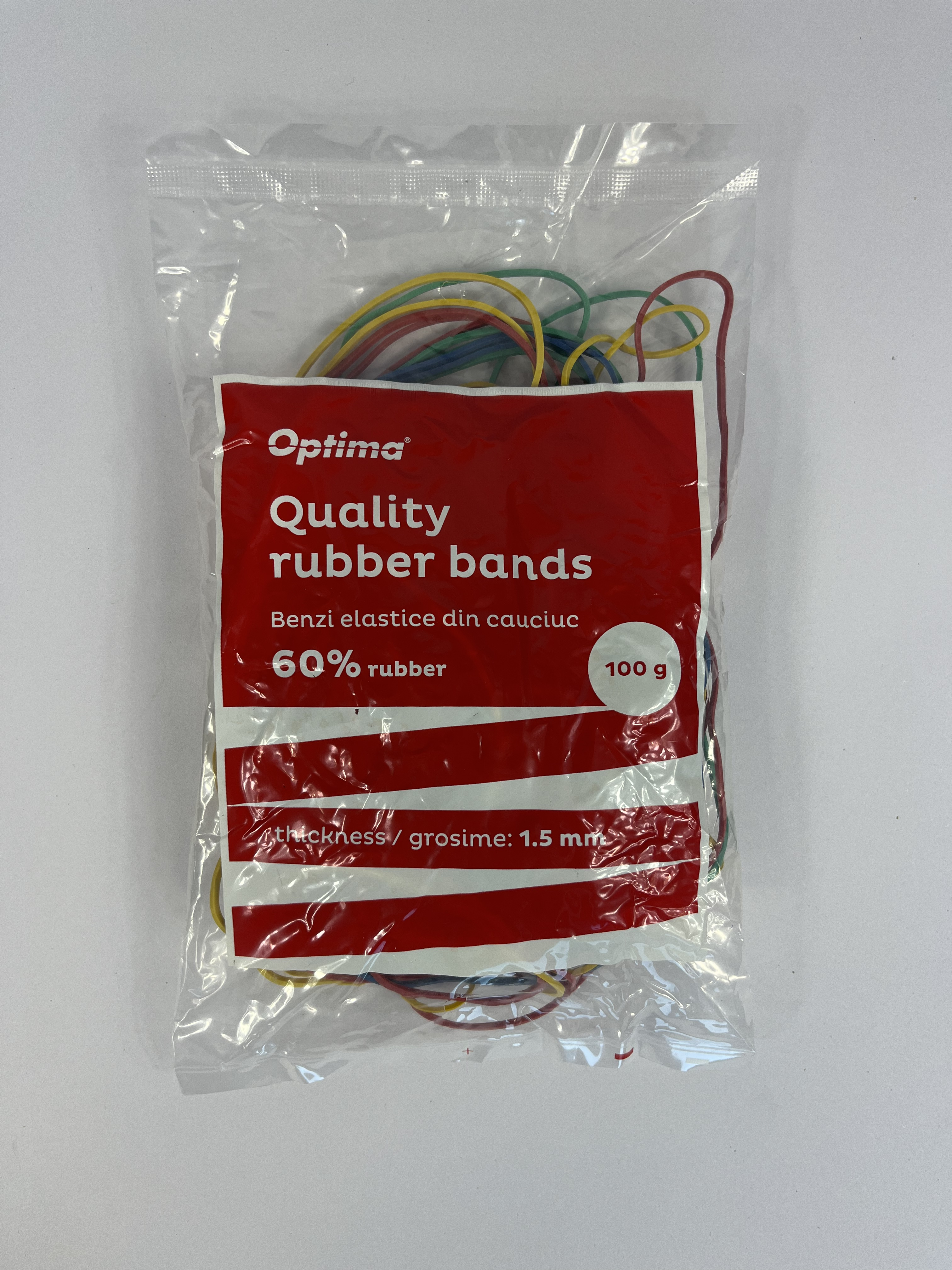 Elastice pentru bani, 60% cauciuc, 100gr./punga, D 65, grosime 1.5mm x 1.5mm, Optima - culori asorta
