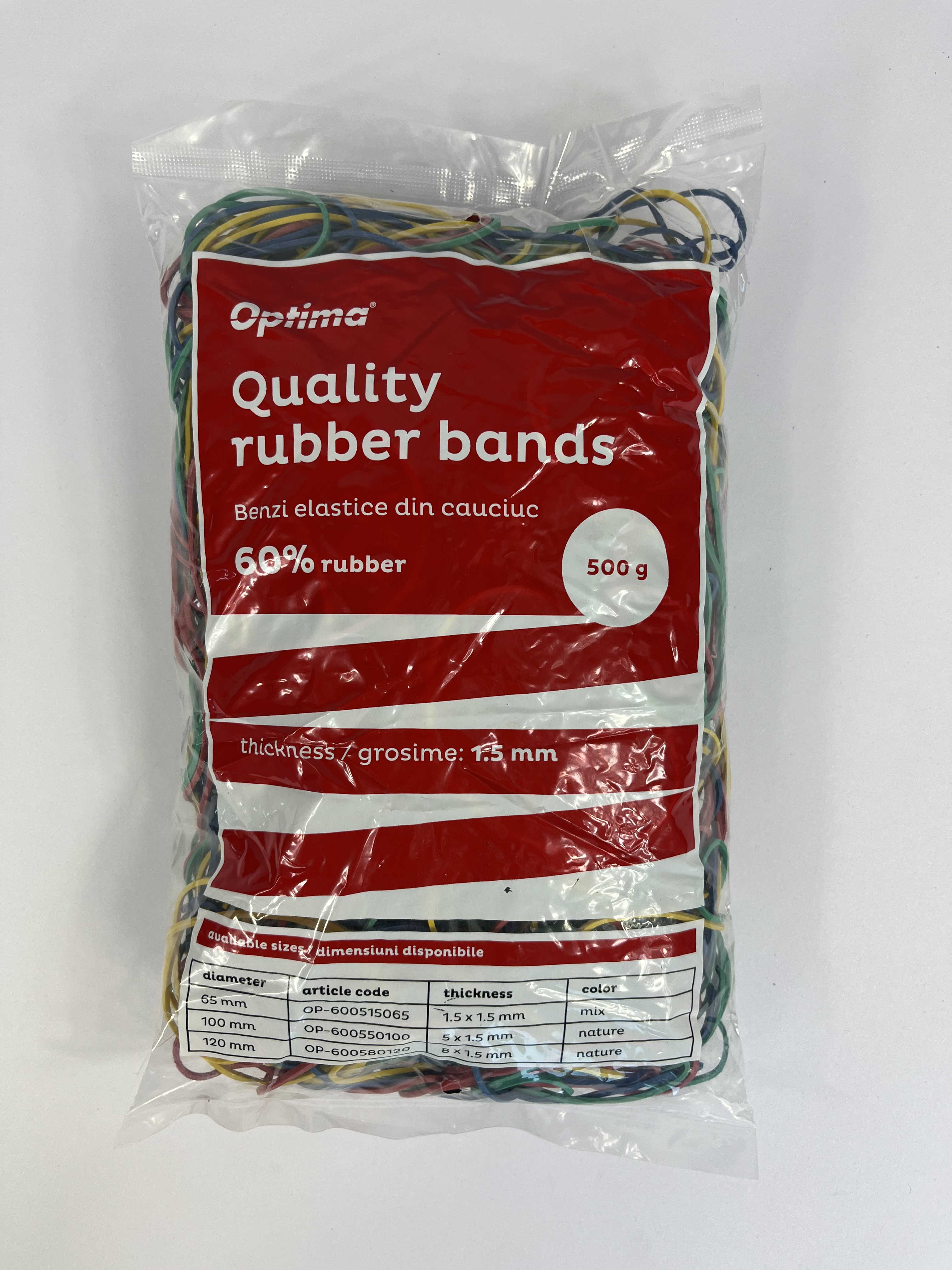 Elastice pentru bani, 60% cauciuc, 500gr./punga, D 65, grosime 1.5mm x 1.5mm, Optima - culori asorta