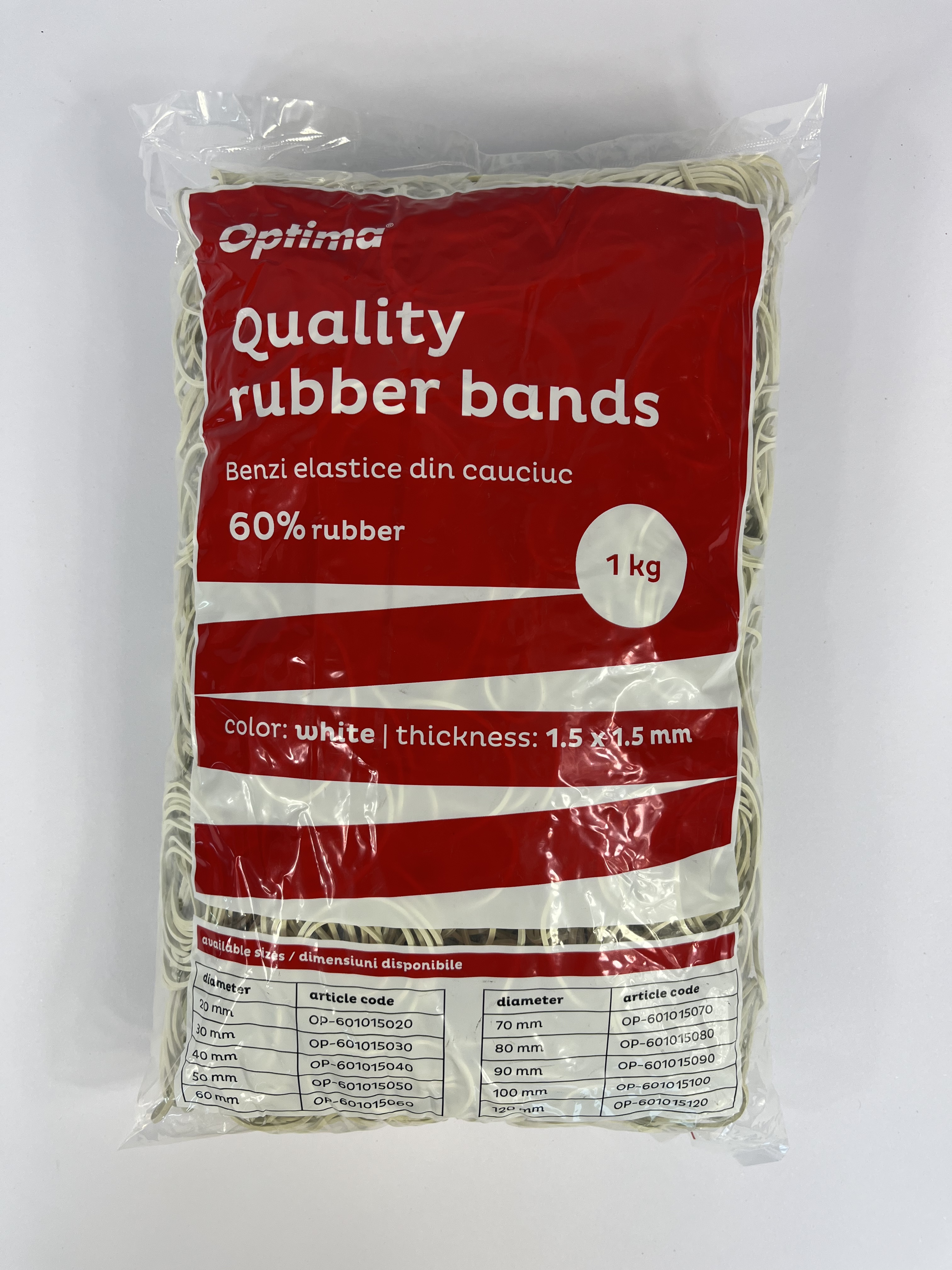 Elastice pentru bani, 60% cauciuc, 1kg/punga, D 30, grosime 1.5mm x 1.5mm, Optima - albe
