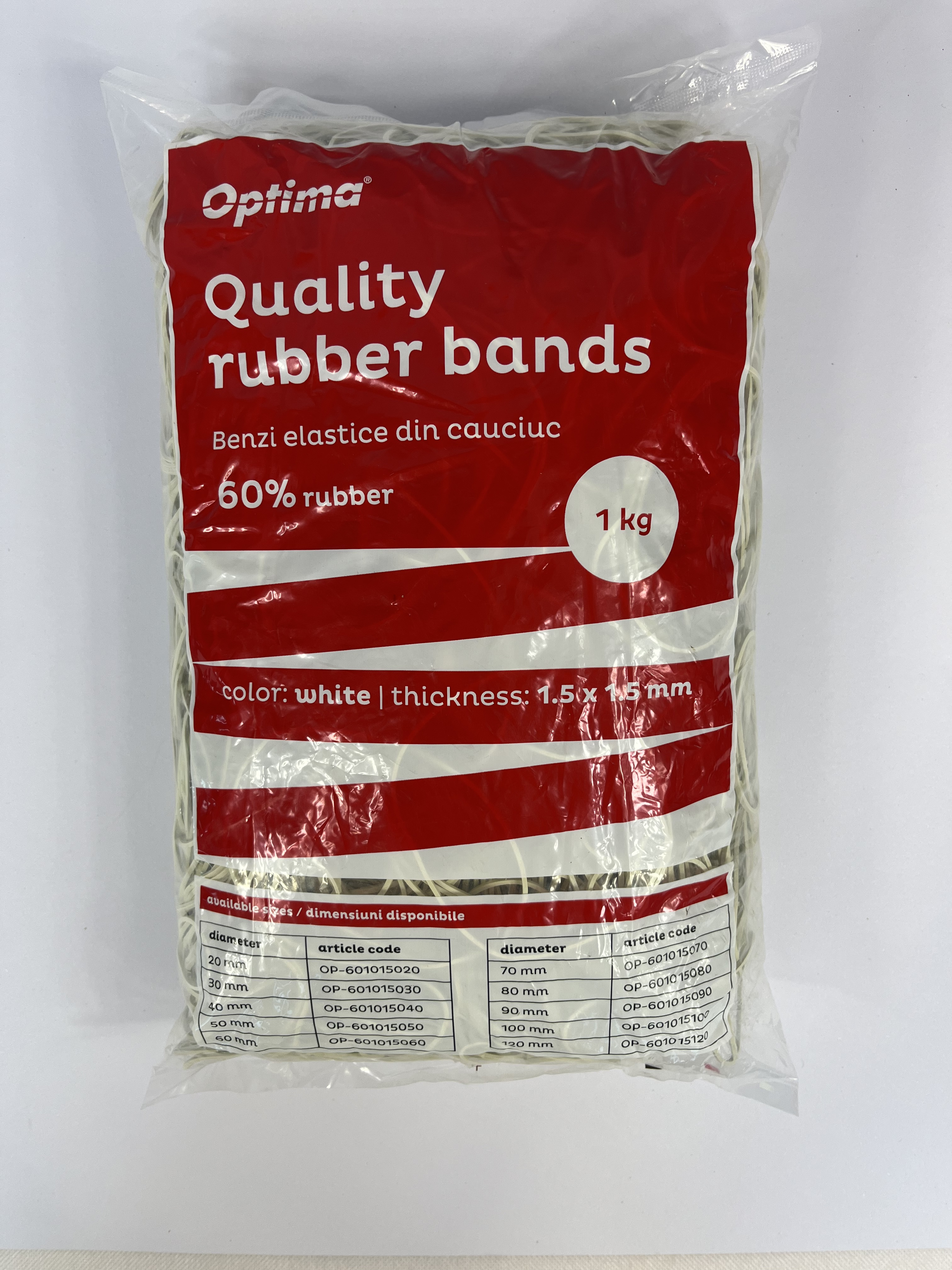 Elastice pentru bani, 60% cauciuc, 1kg/punga, D 80, grosime 1.5mm x 1.5mm, Optima - albe