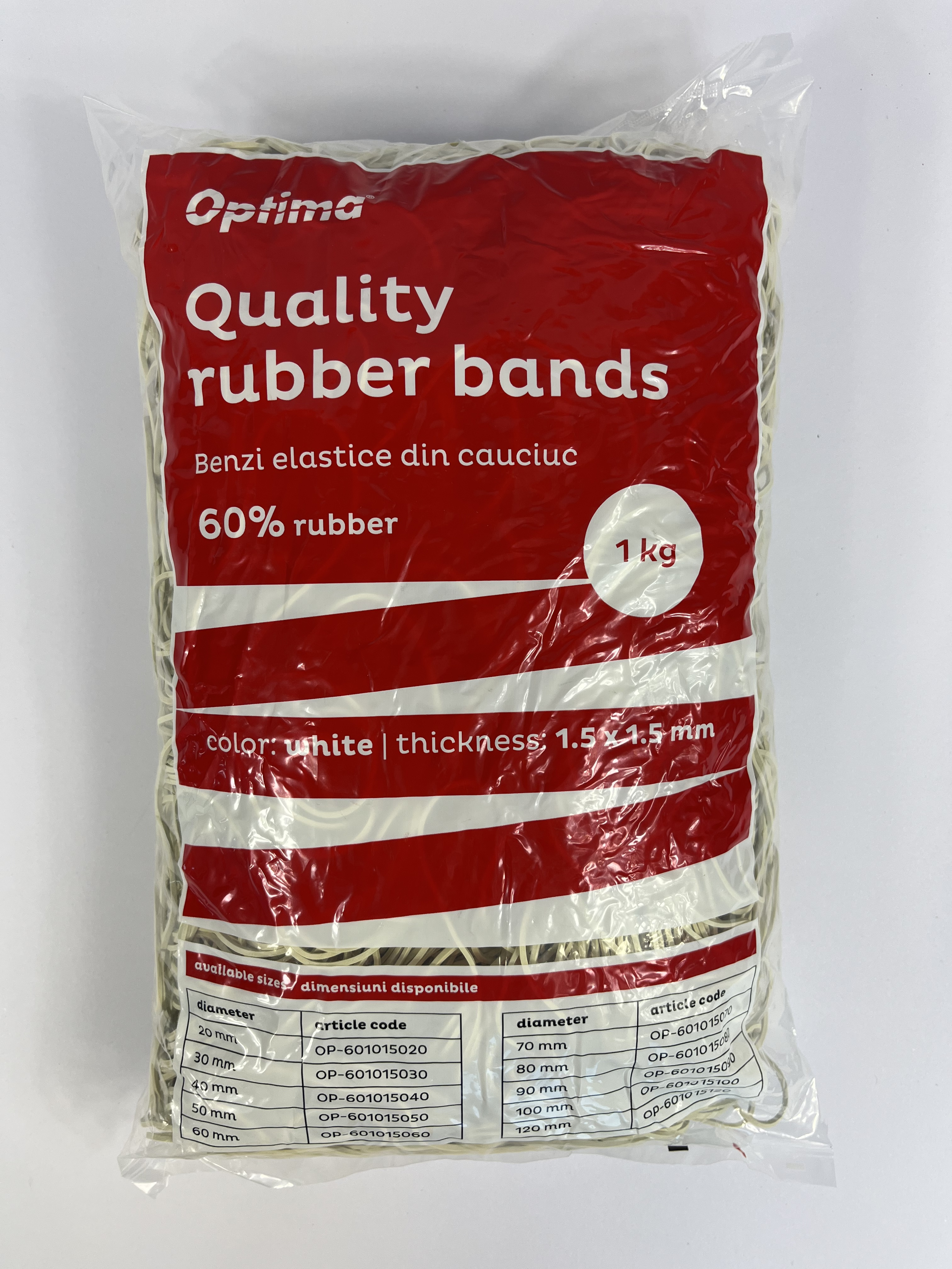 Elastice pentru bani, 60% cauciuc, 1kg/punga, D100, grosime 1.5mm x 1.5mm, Optima - albe