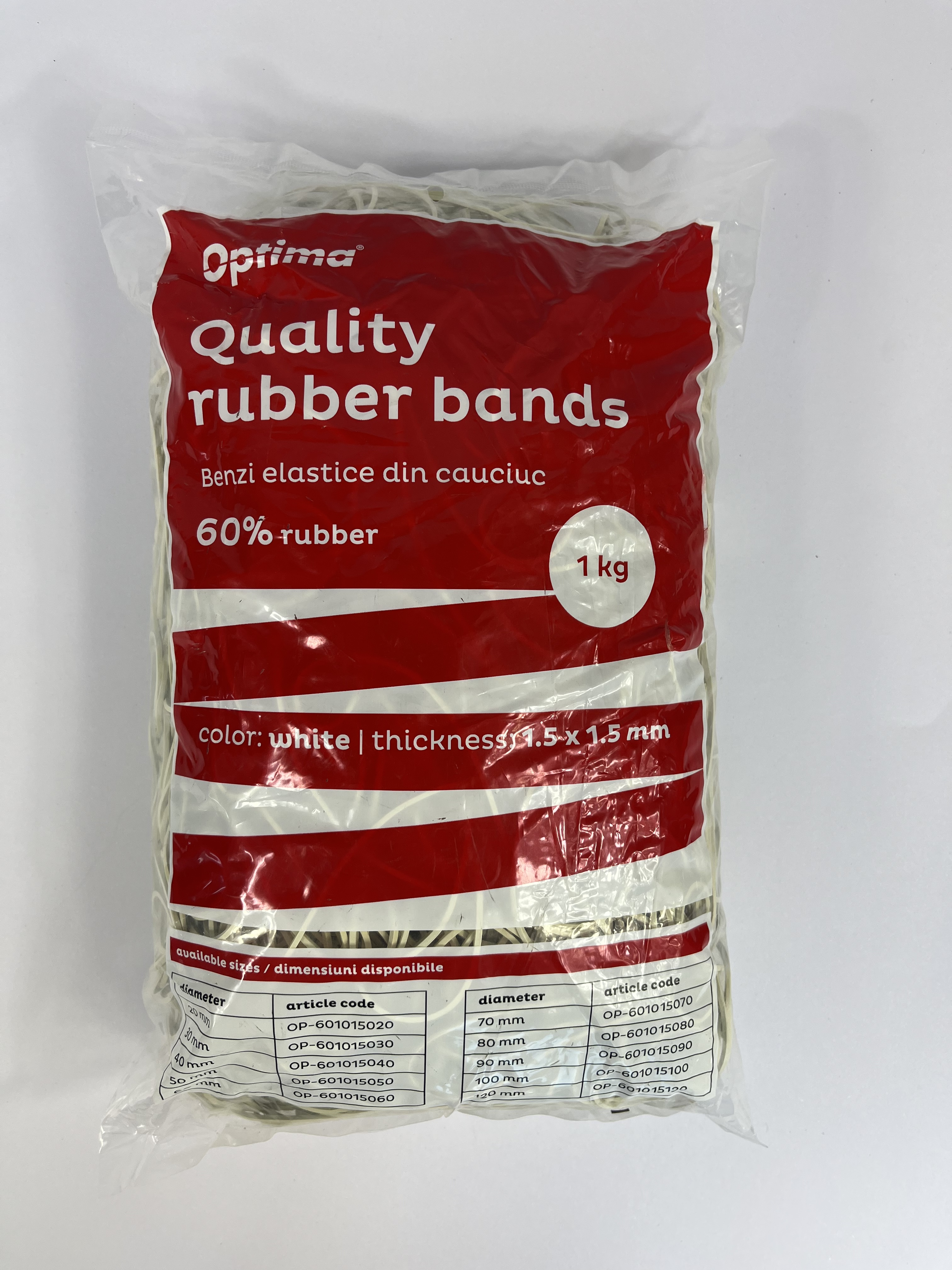 Elastice pentru bani, 60% cauciuc, 1kg/punga, D120, grosime 1.5mm x 1.5mm, Optima - albe