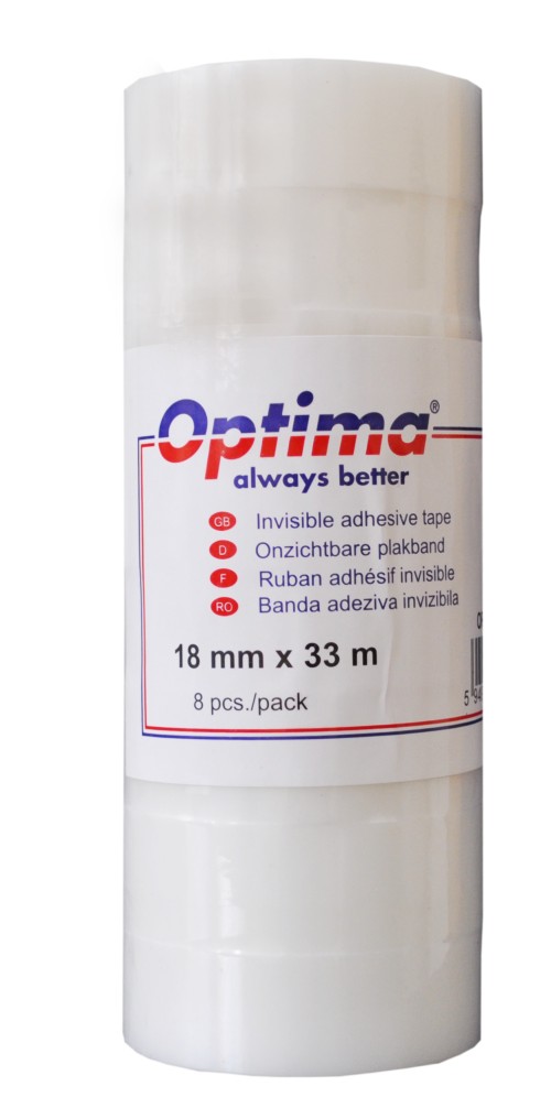 Banda adeziva 18mm x 33 m, 50 microni, Optima - mata (invizibila la copiere - se rupe usor, cu mana)