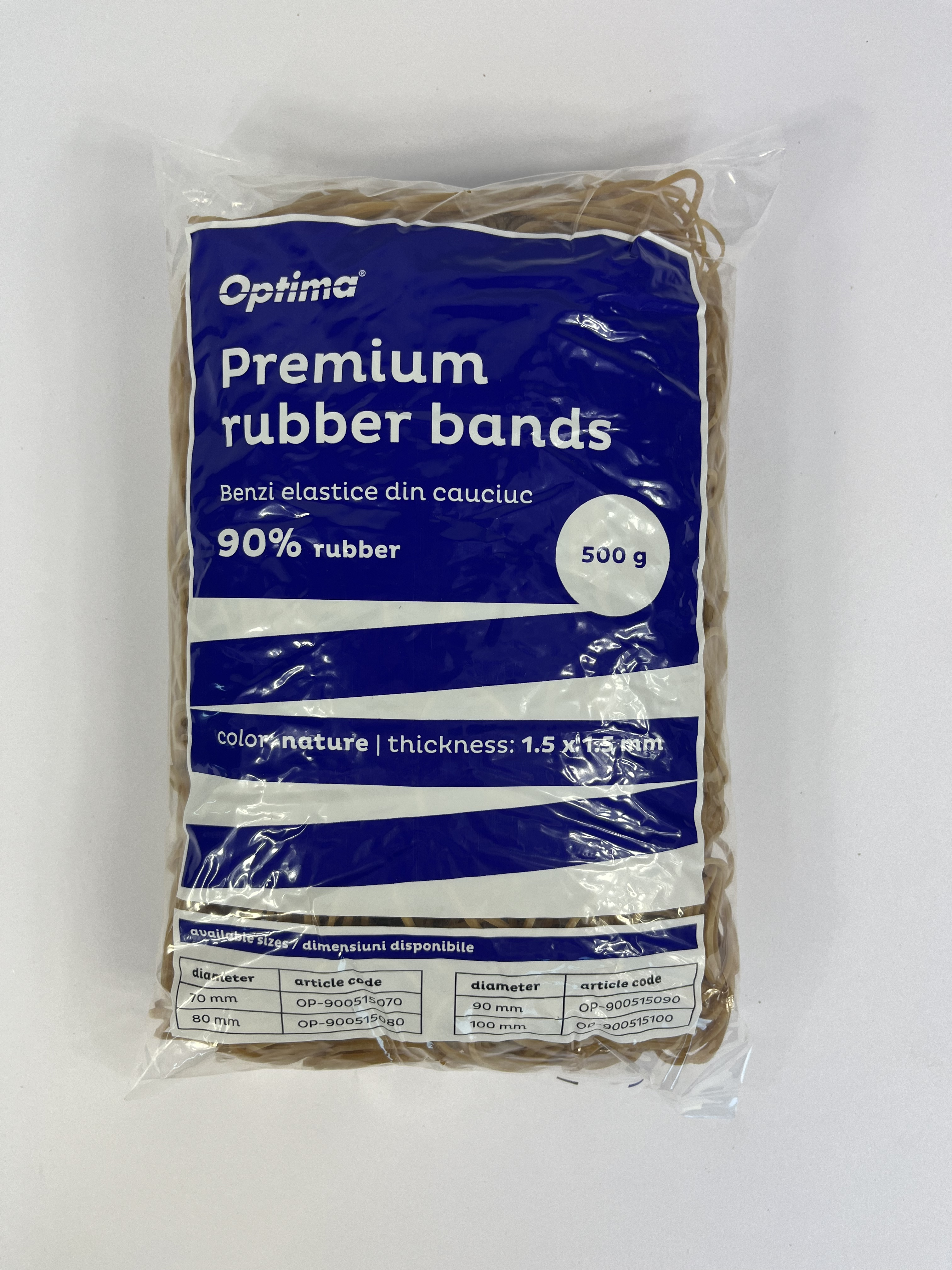 Elastice pentru bani, 90% cauciuc, 500gr./punga, D 70, grosime 1.5mm x 1.5mm, Optima - natural