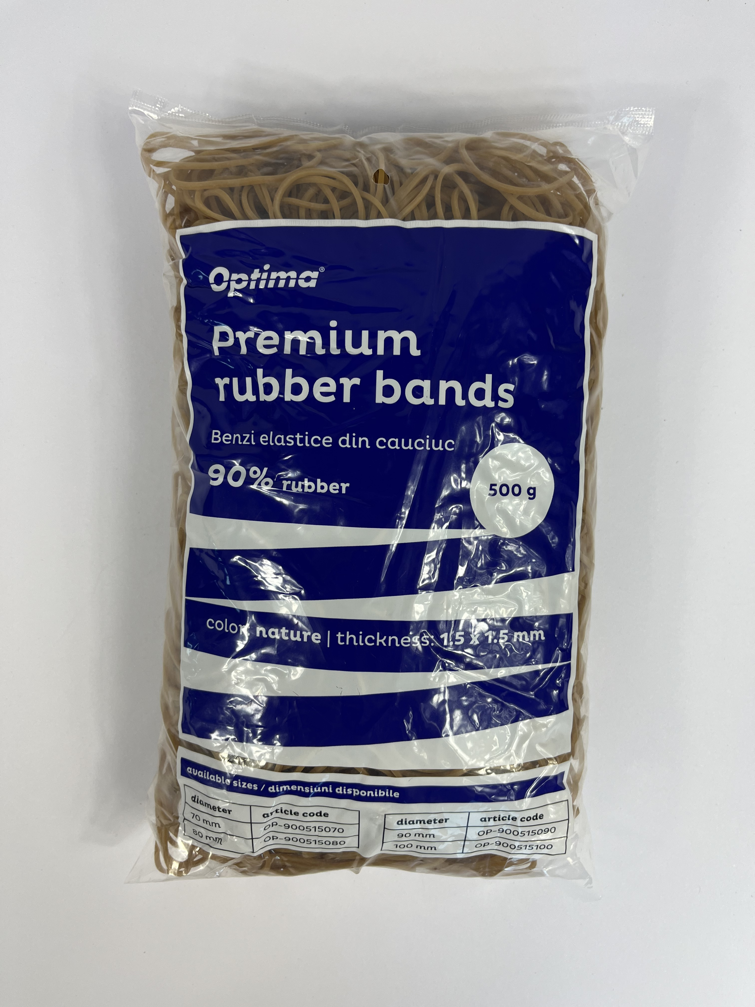 Elastice pentru bani, 90% cauciuc, 500gr./punga, D100, grosime 1.5mm x 1.5mm, Optima - natural