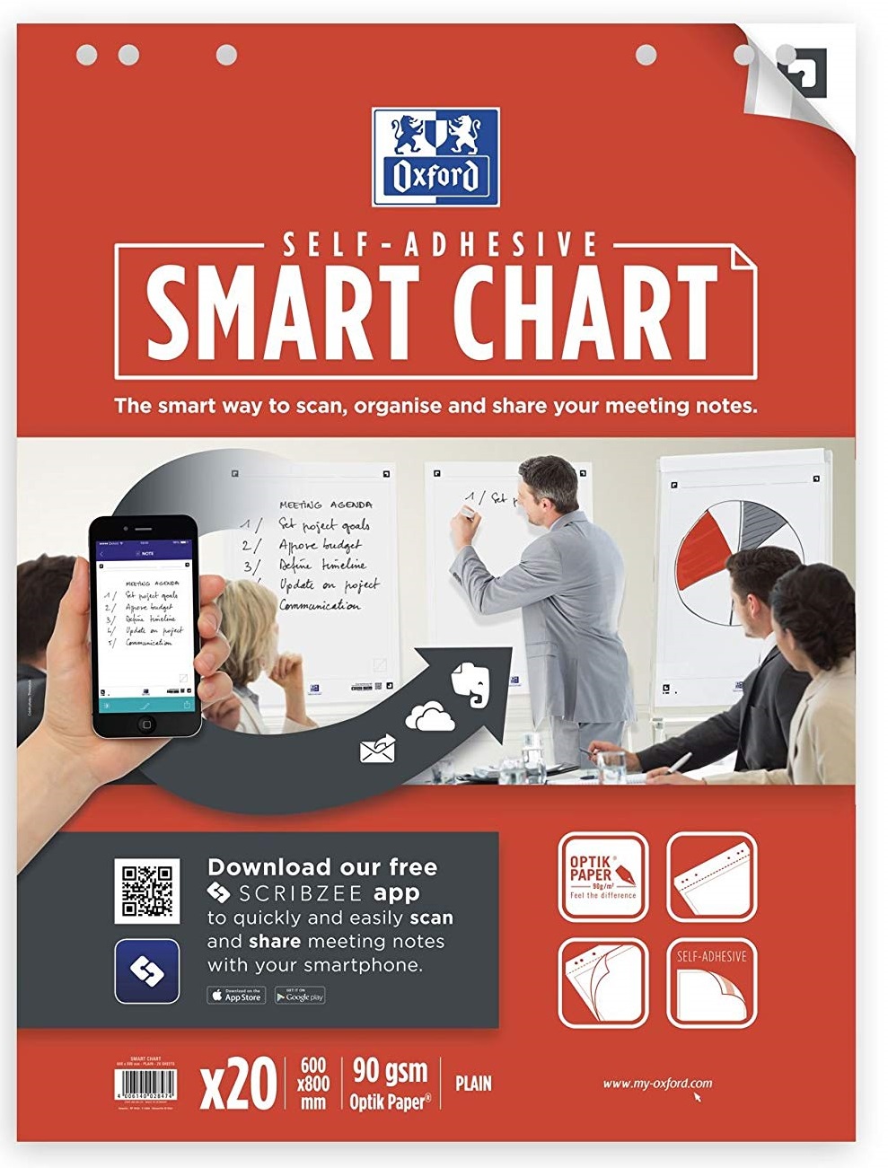 Rezerva hartie flipchart, 60x80cm, OXFORD, repozitionabila, 20coli/top, 90g/mp, Scribzee - velina