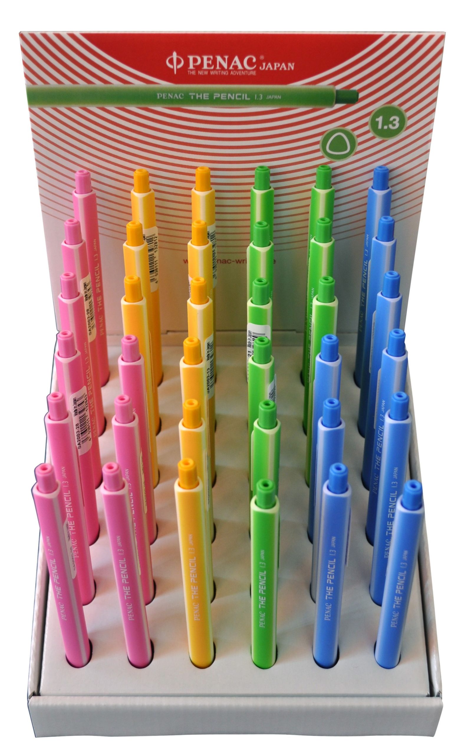 Display creioane mecanice PENAC The Pencil, rubber grip, 1.3mm, 36 buc/display - culori asortate