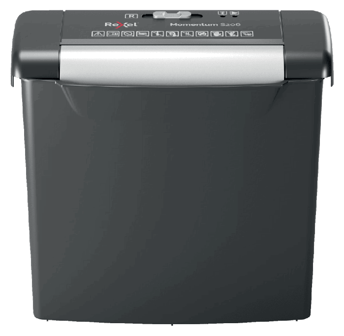 Distrugator documente manual REXEL MOMENTUM S206, P2, strip-cut (fasii), 6 coli, cos 9l, negru