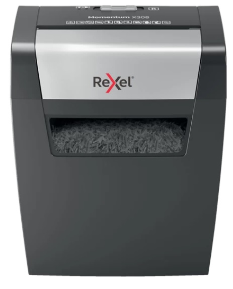 Distrugator documente manual REXEL MOMENTUM X308, P3, cross-cut (confeti), 8 coli, cos 15l, negru