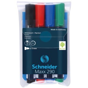 Marker SCHNEIDER Maxx 290, pentru tabla de scris+flipchart, varf rotund 2-3mm, 4 cul/set - (N,R,A,V)