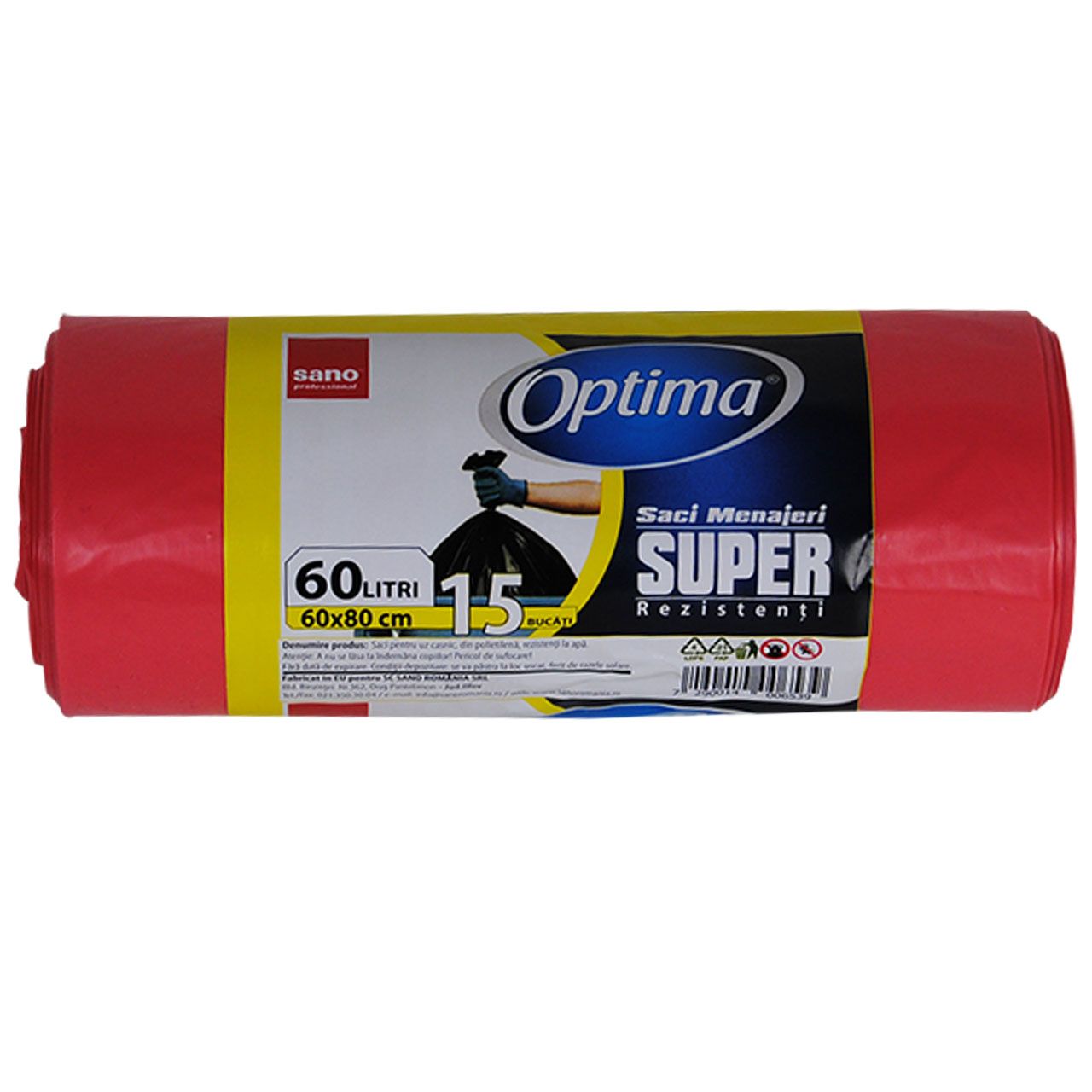 Saci menaj 60L, 15buc/rola, SANO Optima - rosii