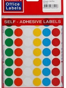 Etichete autoadezive color mix, D16 mm, 240 buc/set, TANEX - culori fluorescente asortate
