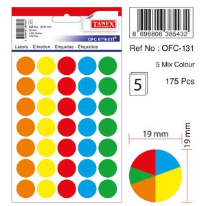 Etichete autoadezive color mix, D19 mm, 175 buc/set, TANEX - culori fluorescente asortate