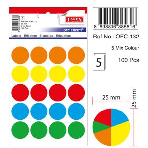Etichete autoadezive color mix, D25 mm, 100 buc/set, TANEX - culori fluorescente asortate