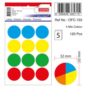 Etichete autoadezive color mix, D32 mm, 60 buc/set, TANEX - culori fluorescente asortate