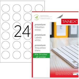 Etichete albe autoadezive, repozitionabile, rotunde - D40mm, 24/A4, 25 coli/top, TANEX