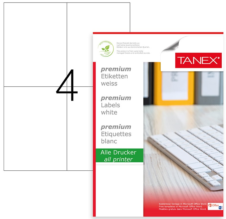 Etichete albe autoadezive, repozitionabile, 4/A4, 105 x 148.5mm, 25 coli/top, TANEX-colturi drepte