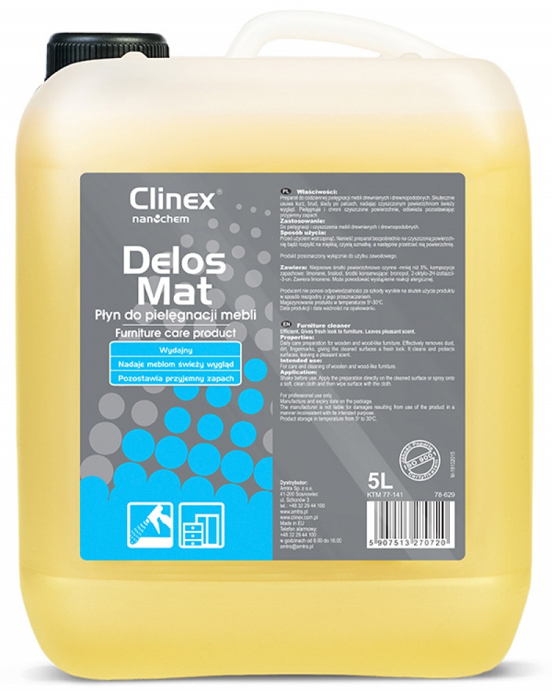 CLINEX Delos Mat, 5 litri, cu pulverizator, solutie pentru curatat mobila, fara efect de stralucire