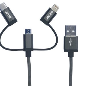 Cablu date GRIXX Optimum - 3 in 1 Micro USB/USB-C/8-pin Apple MFI License, impletit, lungime 1m - gr