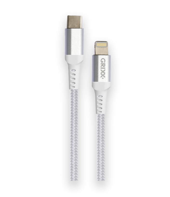 Cablu date GRIXX - USB-C to Lightning MFI, impletit, lungime 1m - alb