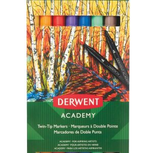 Carioci DERWENT Academy, cu 2 capete, varf tip pensula si ascutit, 8 buc/set, diverse culori