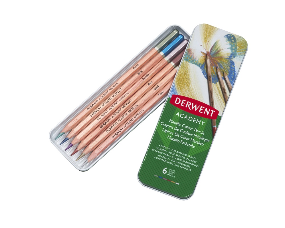 Creioane acuarela DERWENT Academy, cutie metalica, 6 buc/set, culori metalizate