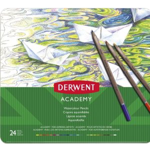 Creioane acuarela DERWENT Academy, cutie metalica, 24 buc/set, diverse culori