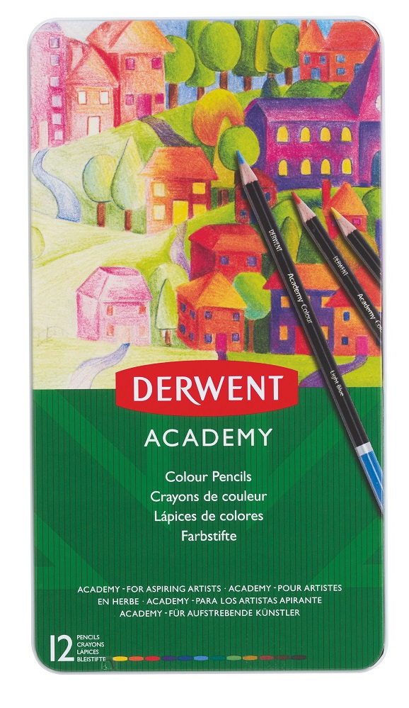 Creioane colorate DERWENT Academy, cutie metalica, 12 buc/set