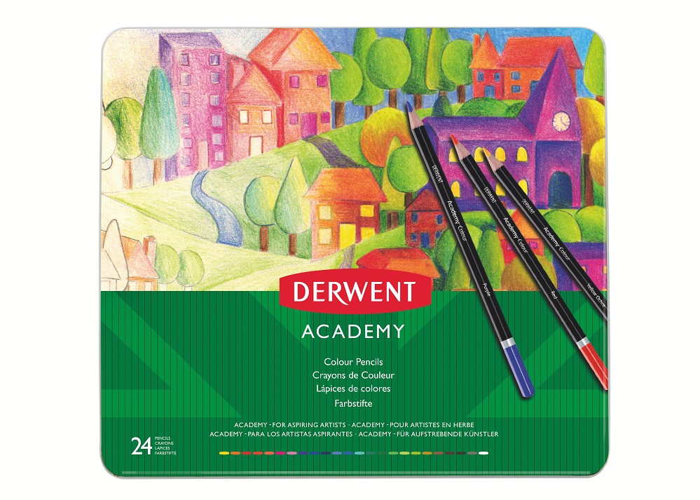 Creioane colorate DERWENT Academy, cutie metalica, 24 buc/set