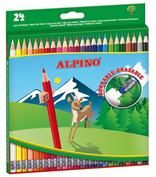 Creioane colorate cu guma, cutie carton, 24 culori/set, ALPINO Erasable