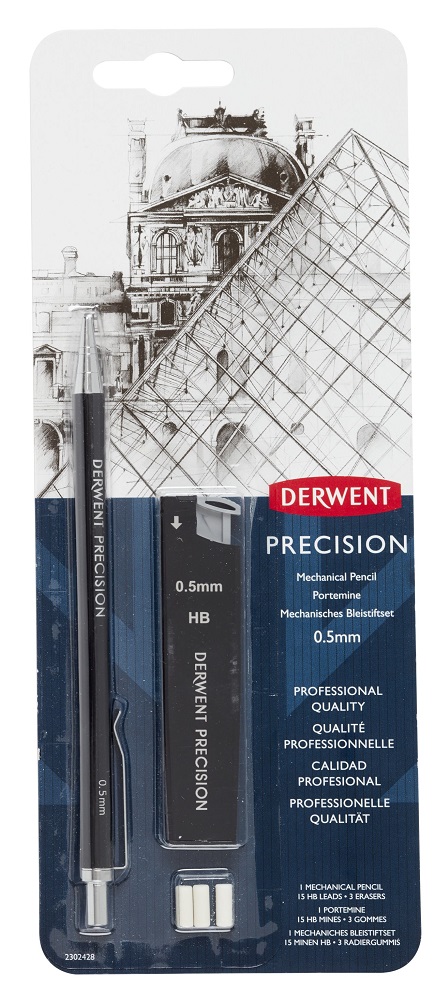 Creion mecanic metalic DERWENT Professional, HB 0.5 mm, rezerve mine si radiere incluse, negru