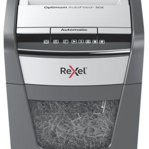 Distrugator documente automat REXEL OPTIMUM 50X, P4, cross-cut (confeti), 50 coli, cos 20l, negru-g