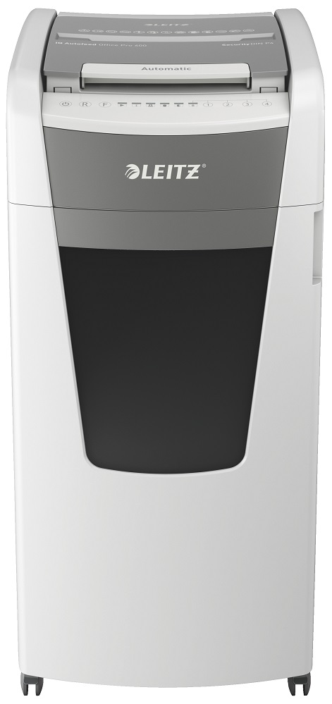 Distrugator documente automat LEITZ IQ Office, P4, cross-cut (confeti), 600 coli, cos 110l, alb-gri