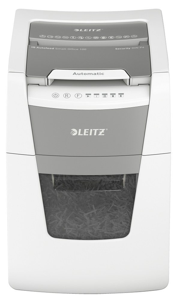Distrugator documente automat LEITZ IQ Small Office, P4, cross-cut (confeti), 100 coli, cos 34l, alb