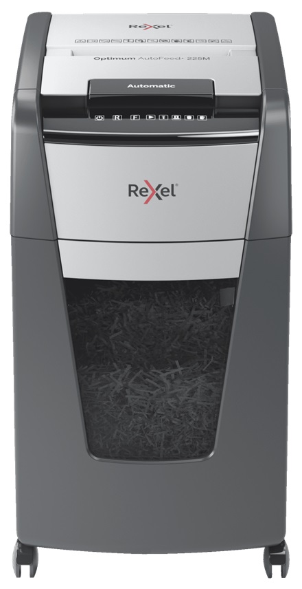 Distrugator documente automat REXEL OPTIMUM 225M, P5, micro-cut (particule), 225 coli, cos 60l, negr