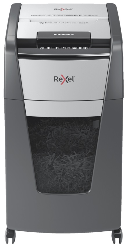 Distrugator documente automat REXEL OPTIMUM 225X, P4, cross-cut (confeti), 225 coli, cos 60l, negru-