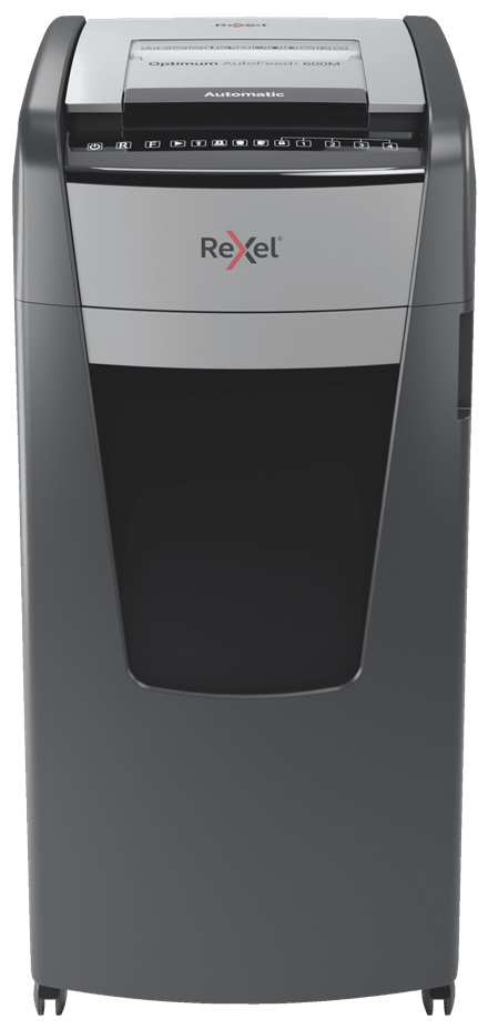Distrugator documente automat REXEL OPTIMUM 600M, P5, micro-cut (particule), 600 coli, cos 110l, neg