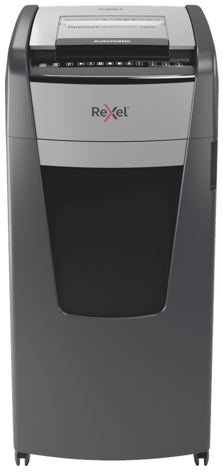 Distrugator documente automat REXEL OPTIMUM 750X, P4, cross-cut (confeti), 750 coli, cos 140l, negru