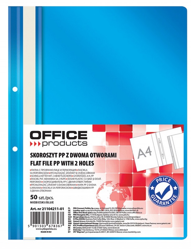 Dosar plastic PP cu sina, cu gauri, grosime 100/170microni, 50 buc/set, Office Products - albastru