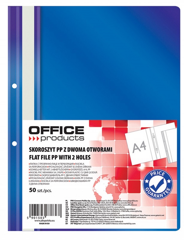 Dosar plastic PP cu sina, cu gauri, grosime 100/170 microni, 50 buc/set, Office Products - bleumarin