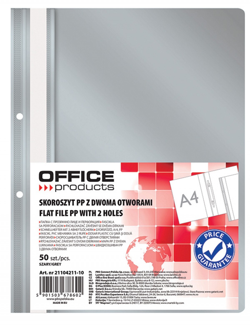 Dosar plastic PP cu sina, cu gauri, grosime 100/170microni, 50 buc/set, Office Products - gri
