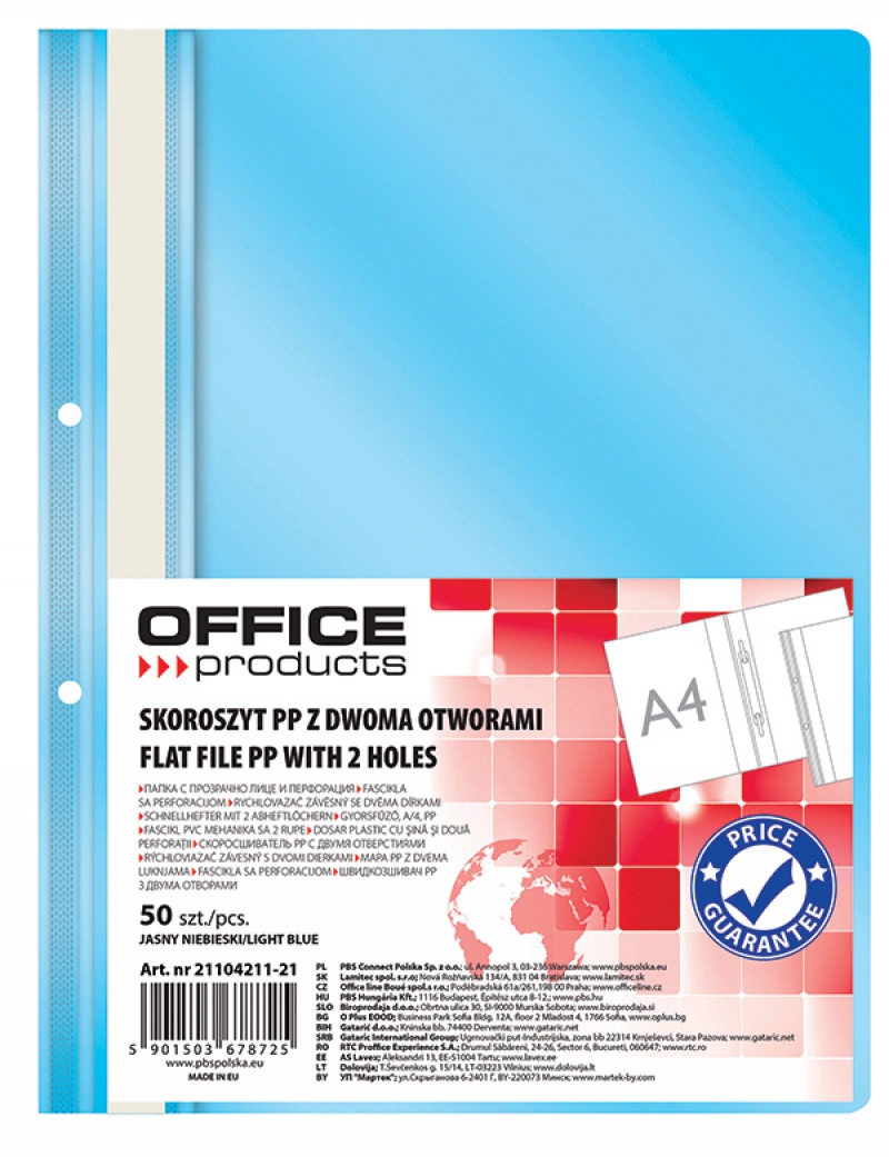 Dosar plastic PP cu sina, cu gauri, grosime 100/170microni, 50 buc/set, Office Products - bleu
